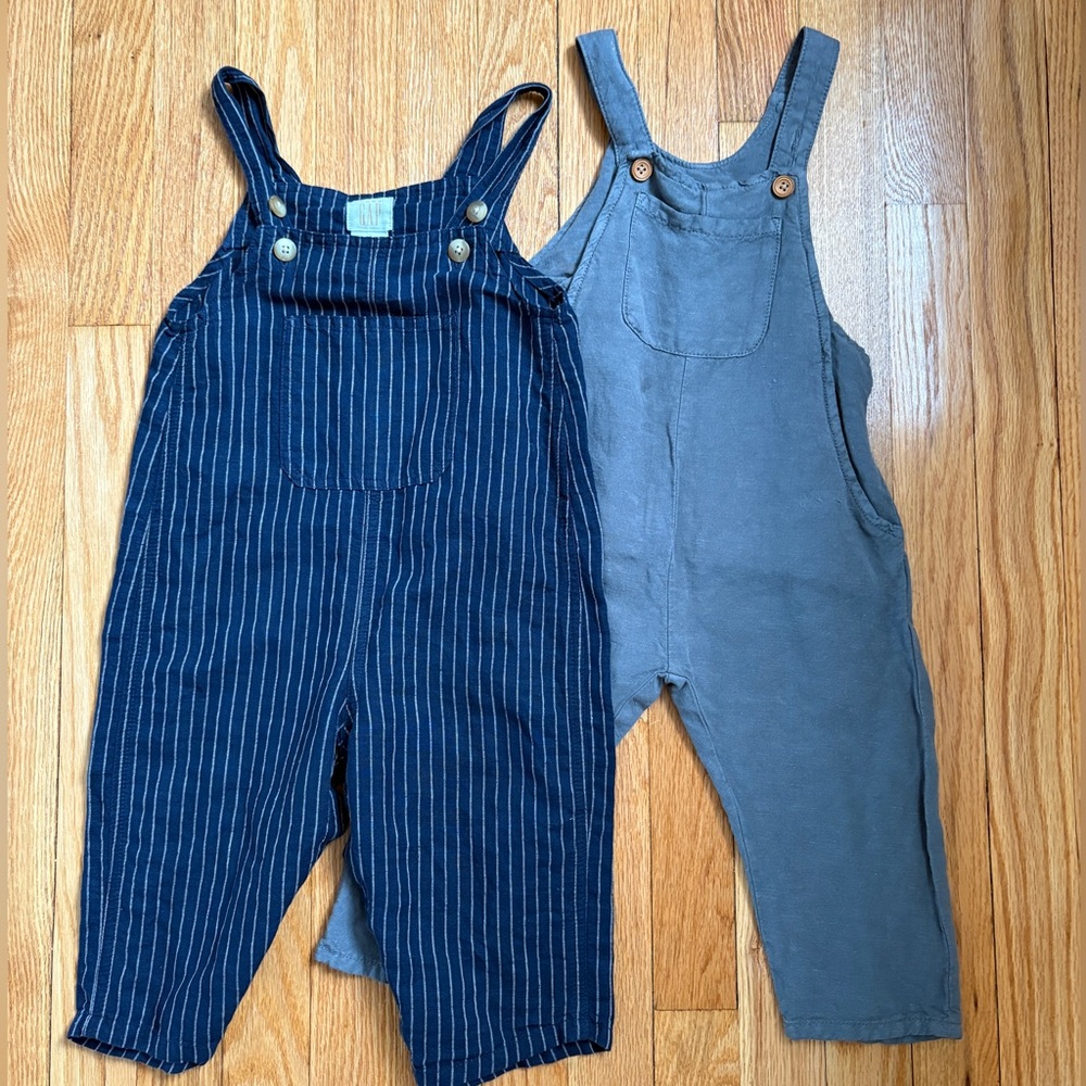 Bundle of 2 pairs of toddler overalls linen and cotton size 18-24